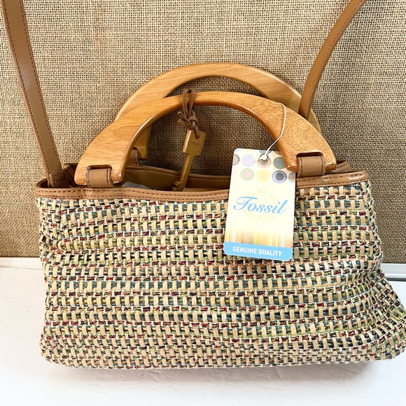 Vintage Fossil Purse Bag Satchel With Wooden Handles and Key Accessory - Picture 15 of 15